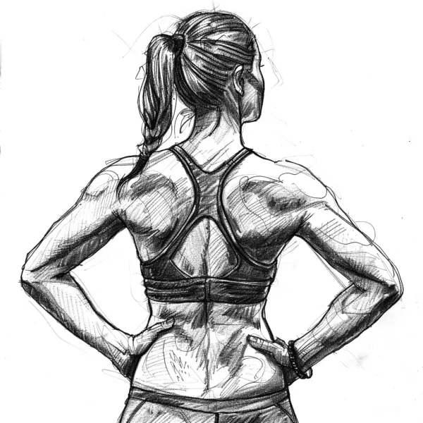 Bleistiftillustration von Frau in Sportbekleidung mit muskulösem Rücken