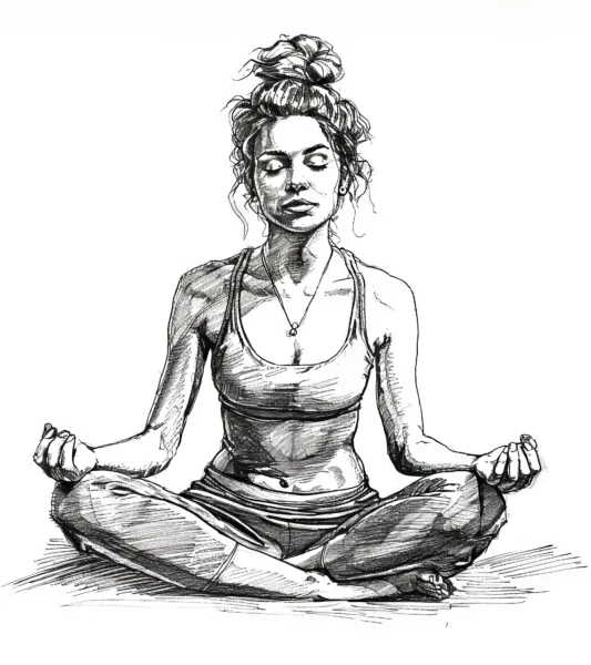 Pencil illustration of a young woman in a cross-legged yoga pose.