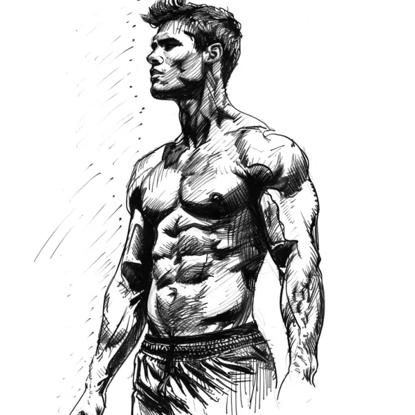 Pencil illustration of a young man with a bare chest and a six-pack.