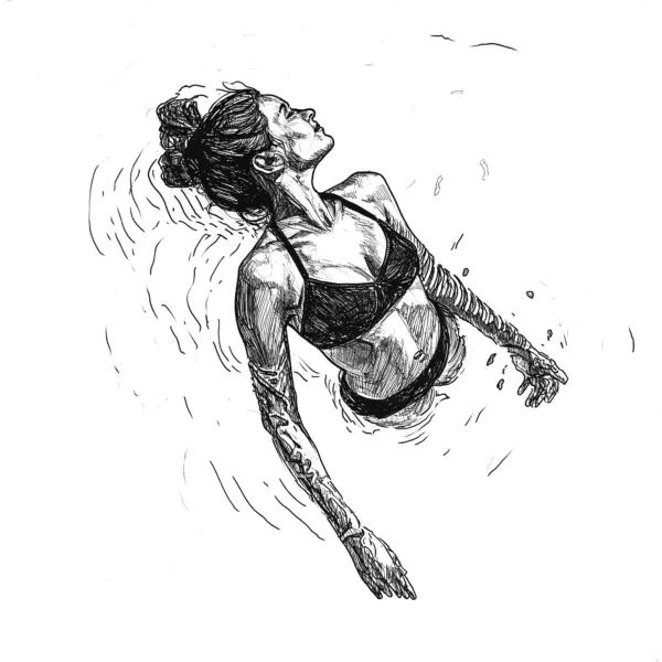 Bleistift Illustration von junger Frau im Wasser