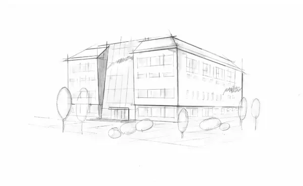Pencil architectural sketch of Manhattan Club Brunn